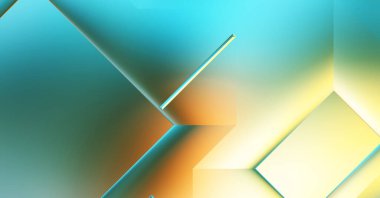 3 boyutlu illüstrasyon. Moda, basit geometrik renk gradyan arkaplan. Geometrik dinamik şekiller. Gölgeli teknoloji dijital şablonu ve gradyan arkaplanda ışıklar.  