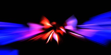 Güzel canlı renklerle enerji patlaması. Siyah arkaplanda izole edilmiş dinamik ışık ışınları. Parlayan renkli ışık parçacıklarının grafiksel 2D çizimi. Parlak tasarım şablonu.