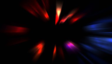 Siyah arkaplanda izole edilmiş dinamik ışık ışınları. Parlayan renkli ışık parçacıklarının grafiksel 2d çizimi.