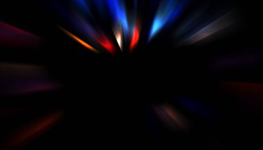 Siyah arkaplanda izole edilmiş dinamik ışık ışınları. Parlayan renkli ışık parçacıklarının grafiksel 2d çizimi.