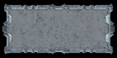 Gelecekçi tasarım şablonu. Metal paslı tabak menüsü. Teknoloji afişi beyaz arkaplanda izole edildi. Bilim kurgu elemanı grafiği. Metalik paslanmış 3 boyutlu illüstrasyon.  