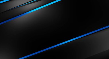 Metin için kopyalama alanı olan soyut siyah paneller. Üç boyutlu illüstrasyon. Renkli ışık özellikli koyu renk tasarım şablonu. Zarif geometrik parlak çizgili arka plan. Minimalist geometrik kapak grafiği.