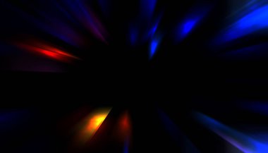 Siyah arkaplanda izole edilmiş dinamik ışık ışınları. Parlayan renkli ışık parçacıklarının grafiksel 2d çizimi.