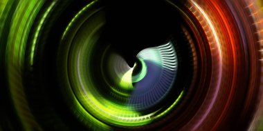 Fotoğraf makinesi konsepti. Soyut arkaplan. Dönen ışık ışınları. Hareketli kavramsal duvar kağıdı. Grafik dijital illüstrasyon. Parlayan neon ışıkları. Parlak sunum tasarım şablonu.