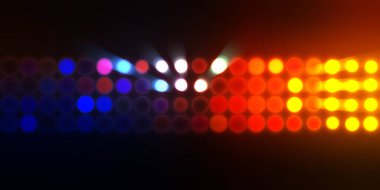 Parlak desenli duvar kağıdı. Sahne ışıkları olan renkli ışıkların ihtişamlı arkaplanı. Parlayan ışıklar siyah arka planda parti izleri. Sahne veya stadyum ışıklarının dijital illüstrasyonu. 