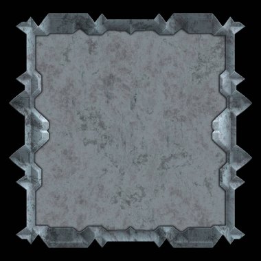 Gelecekçi tasarım şablonu. Metal paslı tabak menüsü. Teknoloji afişi beyaz arkaplanda izole edildi. Bilim kurgu elemanı grafiği. Metalik paslanmış 3 boyutlu illüstrasyon.  