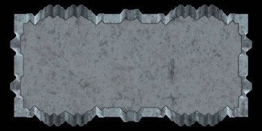 Gelecekçi tasarım şablonu. Metal paslı tabak menüsü. Teknoloji afişi beyaz arkaplanda izole edildi. Bilim kurgu elemanı grafiği. Metalik paslanmış 3 boyutlu illüstrasyon.  