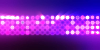 Parlak desenli duvar kağıdı. Sahne ışıkları olan renkli ışıkların ihtişamlı arkaplanı. Parlayan ışıklar siyah arka planda parti izleri. Sahne veya stadyum ışıklarının dijital illüstrasyonu. 