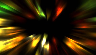 Siyah arkaplanda izole edilmiş dinamik ışık ışınları. Parlayan renkli ışık parçacıklarının grafiksel 2d çizimi.