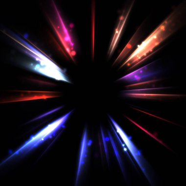 Işık huzmeleri ve parlayan parçacıkların kesiştiği güzel bir zemin. Canlı renkli ışıkların duvar kâğıdı. Parlak ışık görüntüsü.