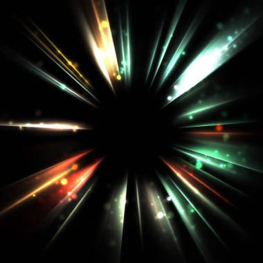 Işık huzmeleri ve parlayan parçacıkların kesiştiği güzel bir zemin. Canlı renkli ışıkların duvar kâğıdı. Parlak ışık görüntüsü.