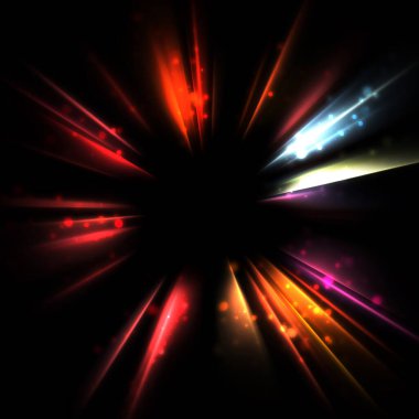 Işık huzmeleri ve parlayan parçacıkların kesiştiği güzel bir zemin. Canlı renkli ışıkların duvar kâğıdı. Parlak ışık görüntüsü.