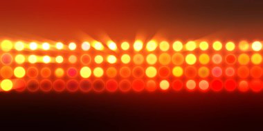 Parlak desenli duvar kağıdı. Sahne ışıkları olan renkli ışıkların ihtişamlı arkaplanı. Parlayan ışıklar siyah arka planda parti izleri. Sahne veya stadyum ışıklarının dijital illüstrasyonu. 