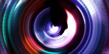 Fotoğraf makinesi konsepti. Soyut arkaplan. Dönen ışık ışınları. Hareketli kavramsal duvar kağıdı. Grafik dijital illüstrasyon. Parlayan neon ışıkları. Parlak sunum tasarım şablonu.