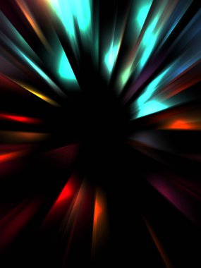 Siyah arkaplanda izole edilmiş dinamik ışık ışınları. Parlayan renkli ışık parçacıklarının grafiksel 2d çizimi.