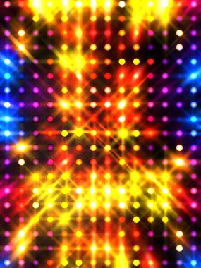 Parlayan ışıklar siyah arka planda parti izleri. Sahne veya stadyum ışıklarının dijital illüstrasyonu. Parlak desenli duvar kağıdı. Sahne ışıkları ile renkli ışıkların ihtişamlı arkaplanı.