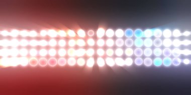 Parlak desenli duvar kağıdı. Sahne ışıkları olan renkli ışıkların ihtişamlı arkaplanı. Parlayan ışıklar siyah arka planda parti izleri. Sahne veya stadyum ışıklarının dijital illüstrasyonu. 