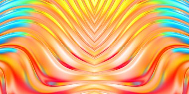Renkli dalgalı yansıtıcı duvar kağıdının üç boyutlu çizimi. Duvar kağıdı, afiş, arkaplan, kart, kitap kapağı veya web sitesi için grafiksel illüstrasyon. Soyut parlak arkaplan.