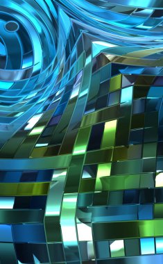 Metalik panel dokusunun 3 boyutlu çizimi. Renkli, parlak, soyut duvar kağıdı. Geometrik teknolojik parlak yansıtıcı arka plan. Yaratıcı parlak kavramsal arkaplan.