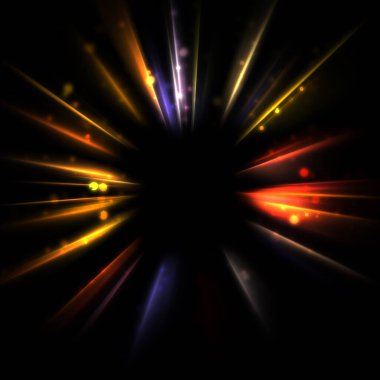 Işık huzmeleri ve parlayan parçacıkların kesiştiği güzel bir zemin. Canlı renkli ışıkların duvar kâğıdı. Parlak ışık görüntüsü.