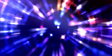 Parlayan ışıkları hareket ettirmenin havalı arka planı. Tasarımınız için canlı renkli bir portal şablonu. Işık ışınları ve hareket halindeki ışıldayan parçacıklar bir solucan deliği şekli oluşturuyor..