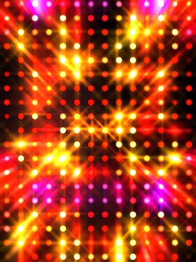 Parlayan ışıklar siyah arka planda parti izleri. Sahne veya stadyum ışıklarının dijital illüstrasyonu. Parlak desenli duvar kağıdı. Sahne ışıkları ile renkli ışıkların ihtişamlı arkaplanı.
