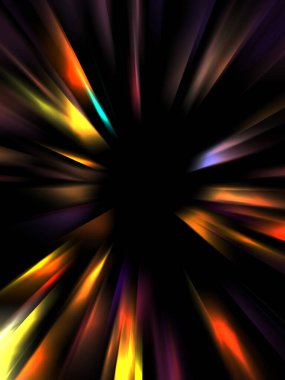 Siyah arkaplanda izole edilmiş dinamik ışık ışınları. Parlayan renkli ışık parçacıklarının grafiksel 2d çizimi.