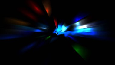 Parlayan ışıkları hareket ettirmenin havalı arka planı. Tasarımınız için canlı renkli bir portal şablonu. Işık ışınları ve hareket halindeki ışıldayan parçacıklar bir solucan deliği şekli oluşturuyor..