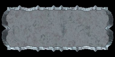 Gelecekçi tasarım şablonu. Metal paslı tabak menüsü. Teknoloji afişi beyaz arkaplanda izole edildi. Bilim kurgu elemanı grafiği. Metalik paslanmış 3 boyutlu illüstrasyon.  