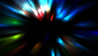 Siyah arkaplanda izole edilmiş dinamik ışık ışınları. Parlayan renkli ışık parçacıklarının grafiksel 2d çizimi.