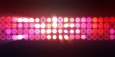 Parlak desenli duvar kağıdı. Sahne ışıkları olan renkli ışıkların ihtişamlı arkaplanı. Parlayan ışıklar siyah arka planda parti izleri. Sahne veya stadyum ışıklarının dijital illüstrasyonu. 