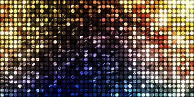 Parlayan ışıklar siyah arka planda parti izleri. Sahne veya stadyum ışıklarının dijital illüstrasyonu. Parlak desenli duvar kağıdı. Sahne ışıkları ile renkli ışıkların ihtişamlı arkaplanı.