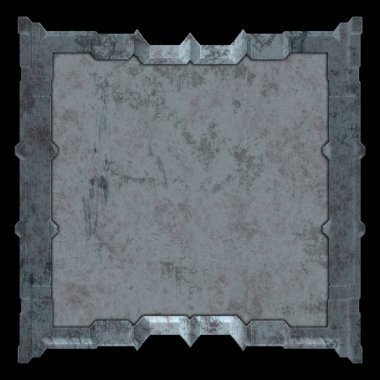 Gelecekçi tasarım şablonu. Metal paslı tabak menüsü. Teknoloji afişi beyaz arkaplanda izole edildi. Bilim kurgu elemanı grafiği. Metalik paslanmış 3 boyutlu illüstrasyon.  