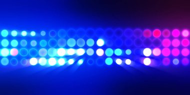 Parlak desenli duvar kağıdı. Sahne ışıkları olan renkli ışıkların ihtişamlı arkaplanı. Parlayan ışıklar siyah arka planda parti izleri. Sahne veya stadyum ışıklarının dijital illüstrasyonu. 