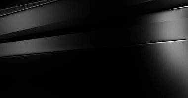 Geometrik katmanlı 3 boyutlu siyah arkaplan. Soyut koyu fütüristik duvar kağıdı. Zarif, parlak çizgili arka plan. Poster, broşür, sunum ve web sitesi için geometrik şablon tasarımı.