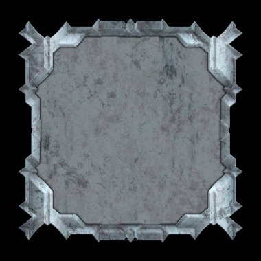 Gelecekçi tasarım şablonu. Metal paslı tabak menüsü. Teknoloji afişi beyaz arkaplanda izole edildi. Bilim kurgu elemanı grafiği. Metalik paslanmış 3 boyutlu illüstrasyon.  