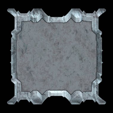 Gelecekçi tasarım şablonu. Metal paslı tabak menüsü. Teknoloji afişi beyaz arkaplanda izole edildi. Bilim kurgu elemanı grafiği. Metalik paslanmış 3 boyutlu illüstrasyon.  