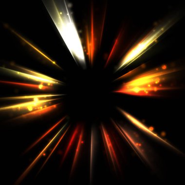 Işık huzmeleri ve parlayan parçacıkların kesiştiği güzel bir zemin. Canlı renkli ışıkların duvar kâğıdı. Parlak ışık görüntüsü.