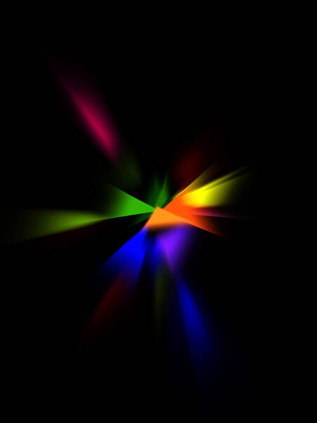 Cool background of moving glowing lights. Vibrant colorful portal template for your design. Light rays and glow particles in motion forming a wormhole shape.