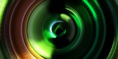 Fotoğraf makinesi konsepti. Soyut arkaplan. Dönen ışık ışınları. Hareketli kavramsal duvar kağıdı. Grafik dijital illüstrasyon. Parlayan neon ışıkları. Parlak sunum tasarım şablonu.