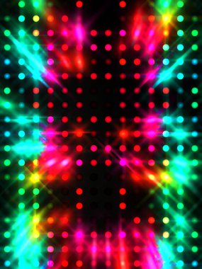 Parlayan ışıklar siyah arka planda parti izleri. Sahne veya stadyum ışıklarının dijital illüstrasyonu. Parlak desenli duvar kağıdı. Sahne ışıkları ile renkli ışıkların ihtişamlı arkaplanı.