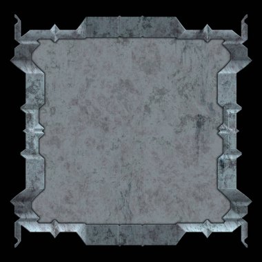 Gelecekçi tasarım şablonu. Metal paslı tabak menüsü. Teknoloji afişi beyaz arkaplanda izole edildi. Bilim kurgu elemanı grafiği. Metalik paslanmış 3 boyutlu illüstrasyon.  