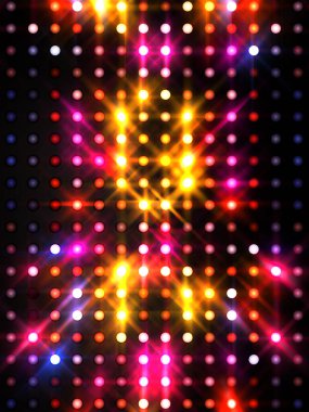 Parlayan ışıklar siyah arka planda parti izleri. Sahne veya stadyum ışıklarının dijital illüstrasyonu. Parlak desenli duvar kağıdı. Sahne ışıkları ile renkli ışıkların ihtişamlı arkaplanı.