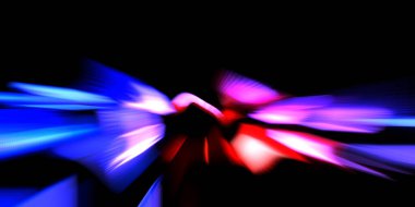 Güzel canlı renklerle enerji patlaması. Siyah arkaplanda izole edilmiş dinamik ışık ışınları. Parlayan renkli ışık parçacıklarının grafiksel 2D çizimi. Parlak tasarım şablonu.