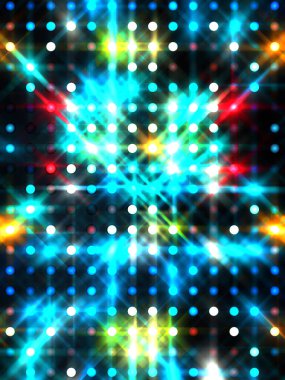 Parlayan ışıklar siyah arka planda parti izleri. Sahne veya stadyum ışıklarının dijital illüstrasyonu. Parlak desenli duvar kağıdı. Sahne ışıkları ile renkli ışıkların ihtişamlı arkaplanı.