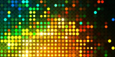 Parlak desenli duvar kağıdı. Sahne ışıkları olan renkli ışıkların ihtişamlı arkaplanı. Parlayan ışıklar siyah arka planda parti izleri. Sahne veya stadyum ışıklarının dijital illüstrasyonu. 