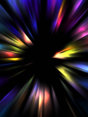 Siyah arkaplanda izole edilmiş dinamik ışık ışınları. Parlayan renkli ışık parçacıklarının grafiksel 2d çizimi.