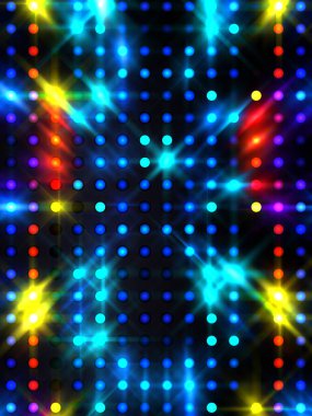 Parlayan ışıklar siyah arka planda parti izleri. Sahne veya stadyum ışıklarının dijital illüstrasyonu. Parlak desenli duvar kağıdı. Sahne ışıkları ile renkli ışıkların ihtişamlı arkaplanı.