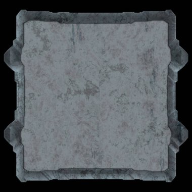 Gelecekçi tasarım şablonu. Metal paslı tabak menüsü. Teknoloji afişi beyaz arkaplanda izole edildi. Bilim kurgu elemanı grafiği. Metalik paslanmış 3 boyutlu illüstrasyon.  