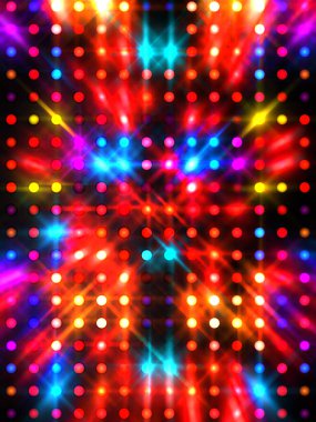 Parlayan ışıklar siyah arka planda parti izleri. Sahne veya stadyum ışıklarının dijital illüstrasyonu. Parlak desenli duvar kağıdı. Sahne ışıkları ile renkli ışıkların ihtişamlı arkaplanı.